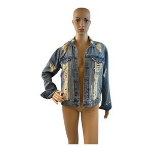 Volcom Women’s Blue Distressed Denim Short Long Sleeve Jeans Jacket Size Small.